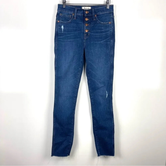 Madewell Distressed Exposed Button Fly 10" High Rise Skinny Jeans Raw Hem Sz 26 - Picture 1 of 9